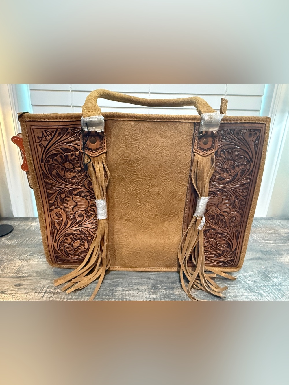American Darling Tan Suede Fringed Tooled Leather Tote